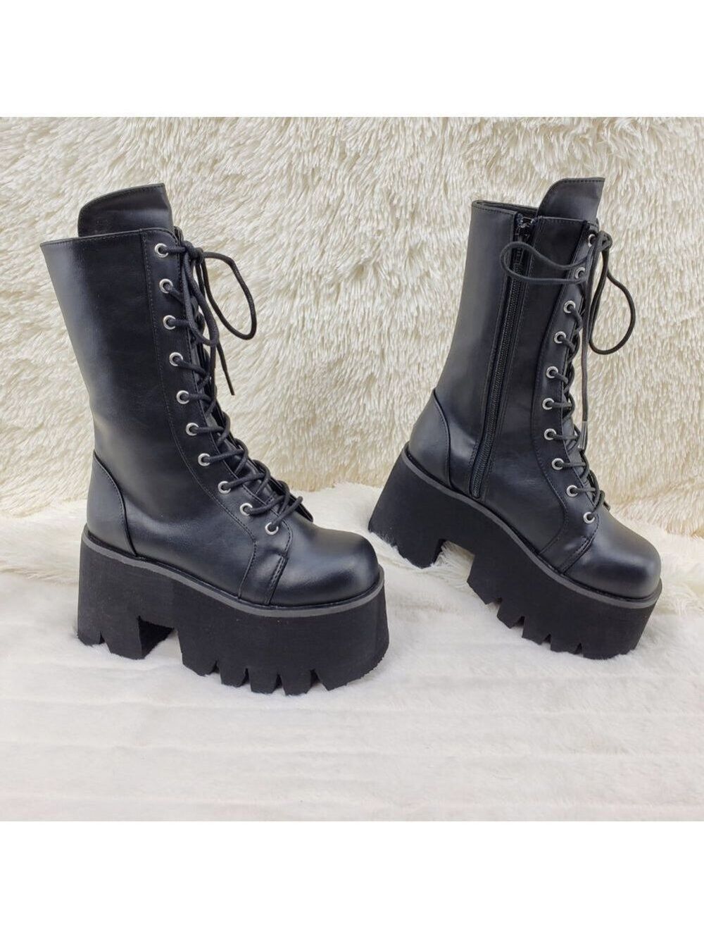Ashes Black Matte Platform Goth Punk Mid Calf Combat Boots - Picture 2 of 14
